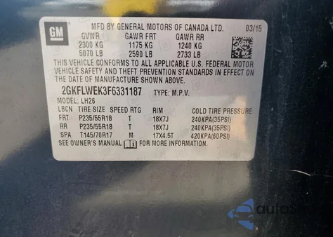 2015 GMC Terrain Sle z USA, uszkodzony, nr VIN 2GKFLWEK3F6331187